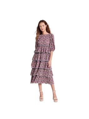 Free the Roses bohemian tiered floral pleated ethereal modest dress size medium